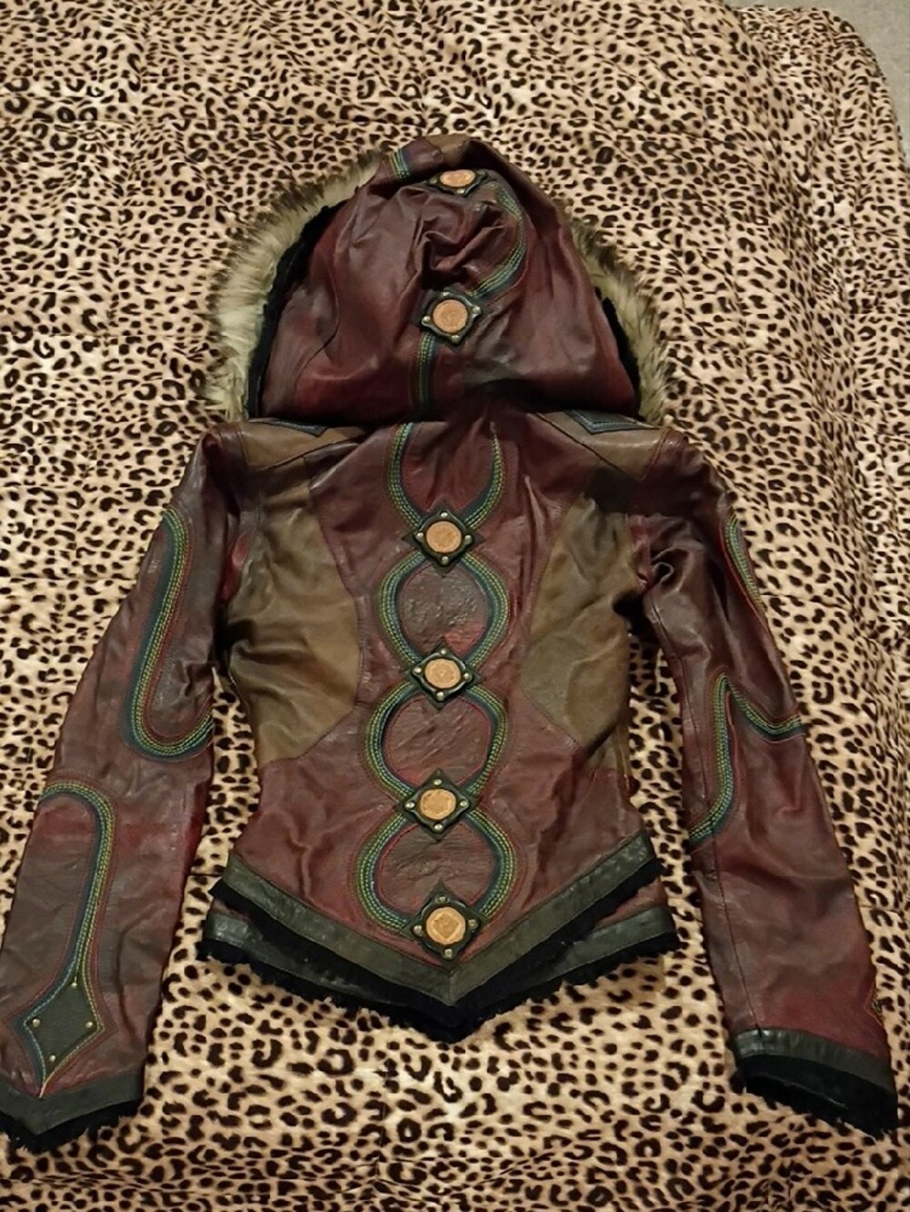 Rainbow Serpent Women's Leather Jacket with Faux Fur Hood